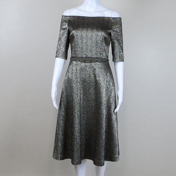 Teri Jon by Rickie Freeman Fit & Flare Metallic Gold Cocktail Dress SIZE 4  - threedaughtersproperties.com